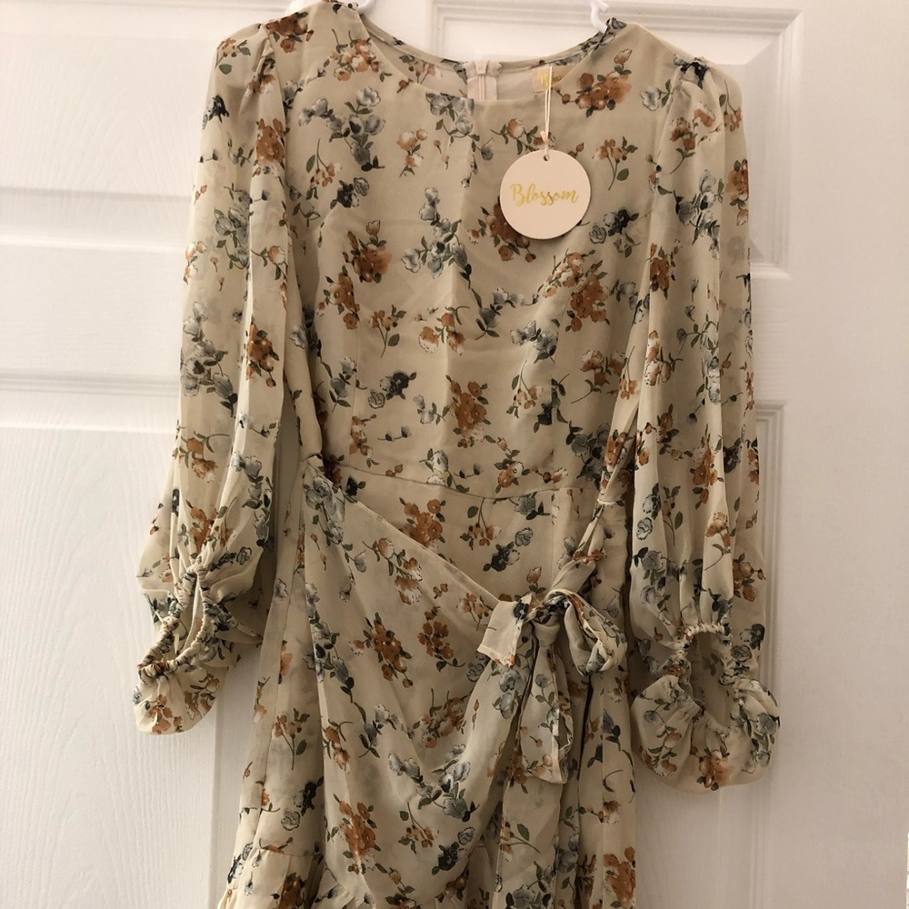 Tan Long Sleeve Floral Dress